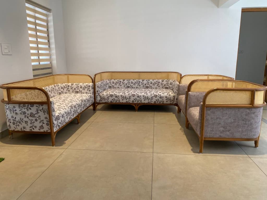 Curved Cane Wrap Teakwood Sofa