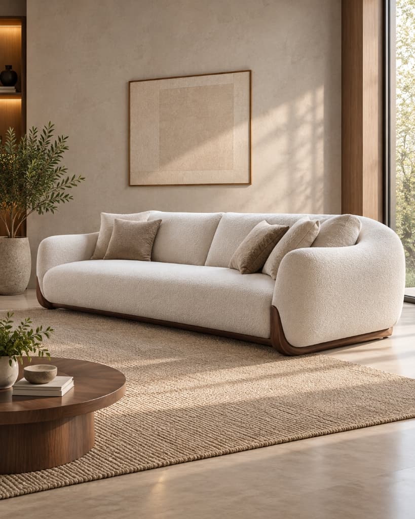 Sculpted Bouclé Teak Base 3-Seater Sofa