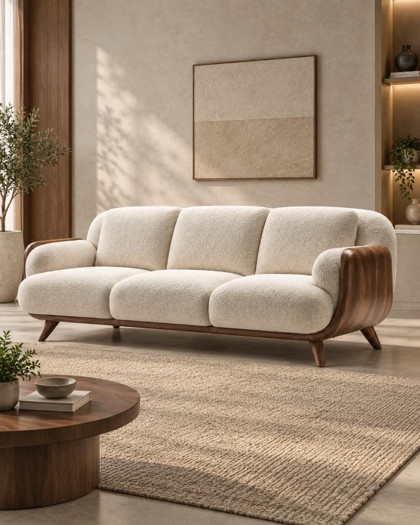 Bentwood Teak Shell Bouclé 3-Seater Sofa