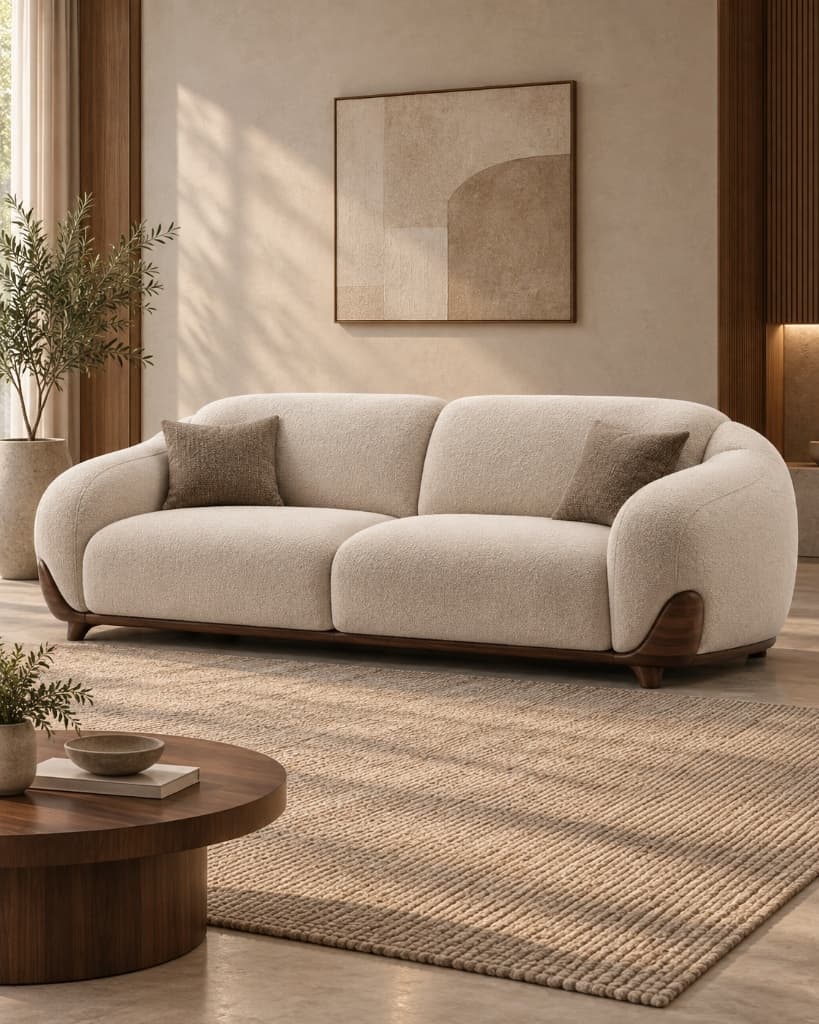 Grand Cloud Bouclé Teak 3-Seater Sofa