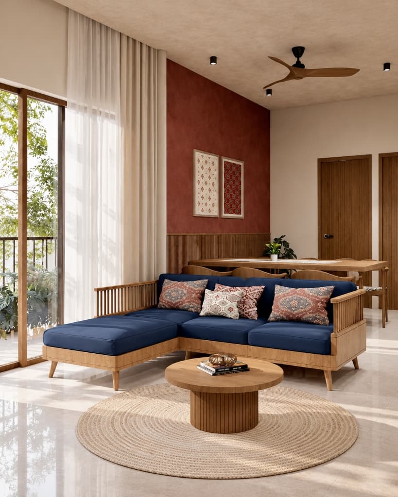Indigo Spindle Teak L-Shaped Sectional Sofa