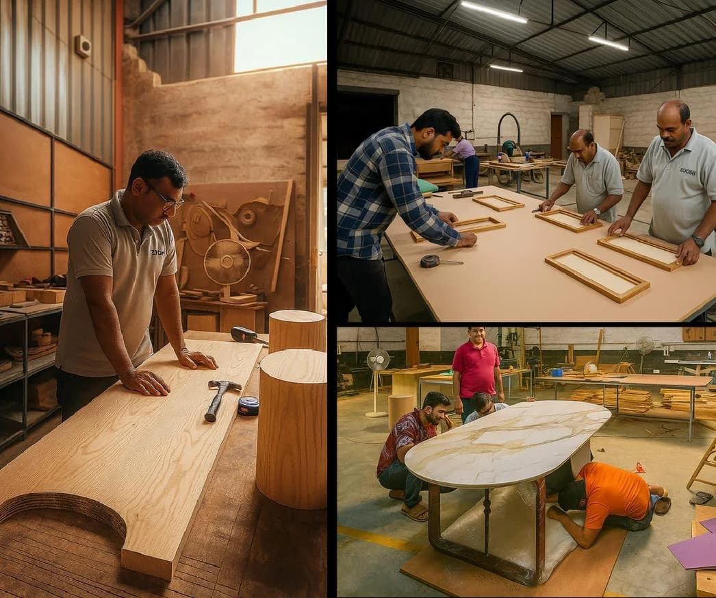 Carpenters assembling a dining table in ZOOSH factory